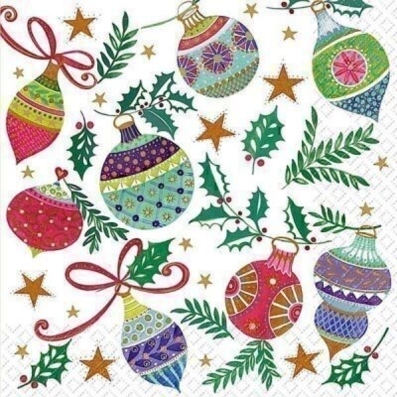 Christmas Napkins Coloured Baubles Frederika by Stewo. Brightly coloured baubles on white background. 20 napkins in pack. 3 ply. 33x33cm. Environmentally friendly cellulose printed with water-based inks.